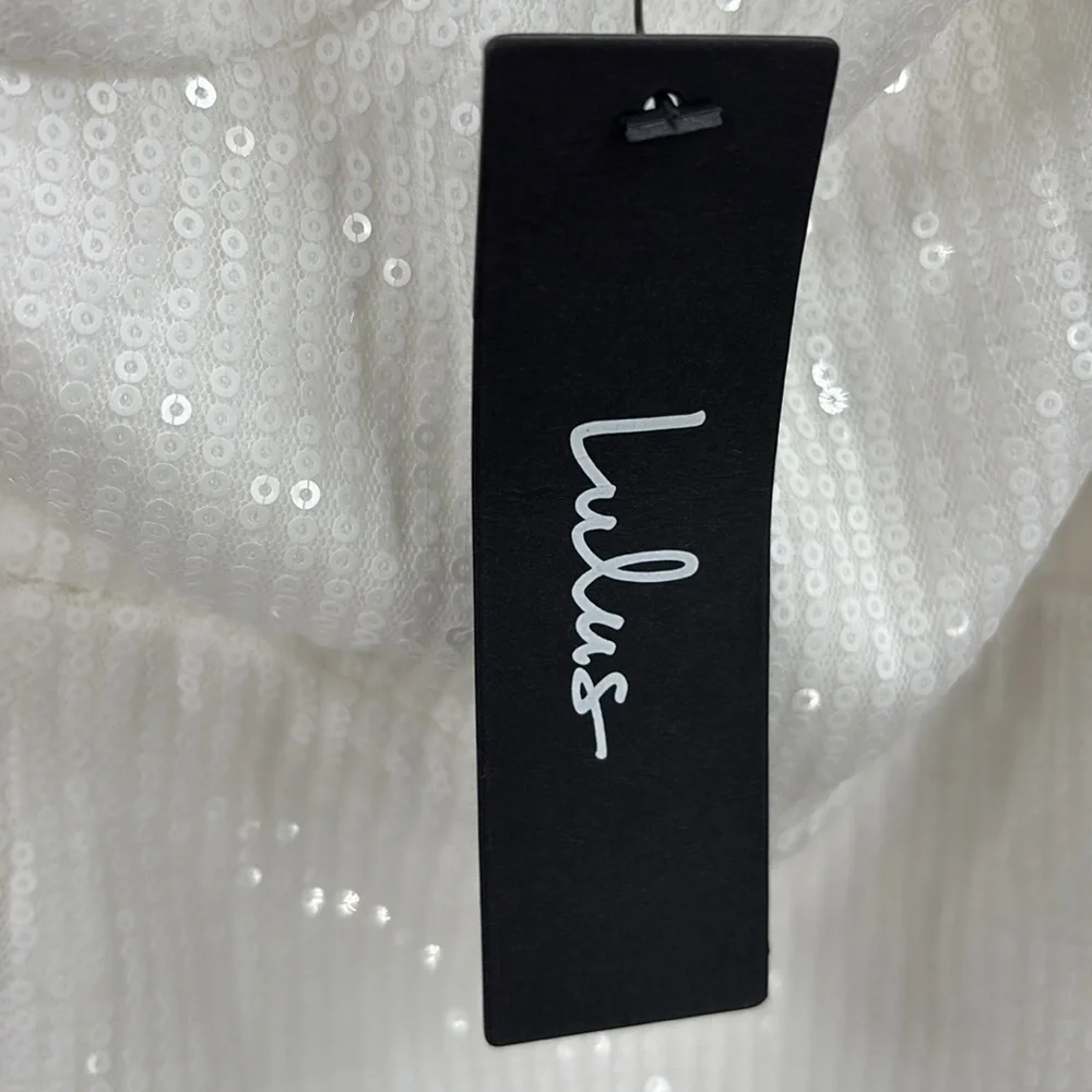 Lulus Glowing Intentions White SEQUIN Bustier Tie-Strap Mini Dress size M NWT - Picture 11 of 16